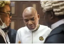 Mazi Nnamdi Kanu during a previous court appearance in Abuja. The IPOB leader has been given a final opportunity by the court to defend himself in the ongoing trial.