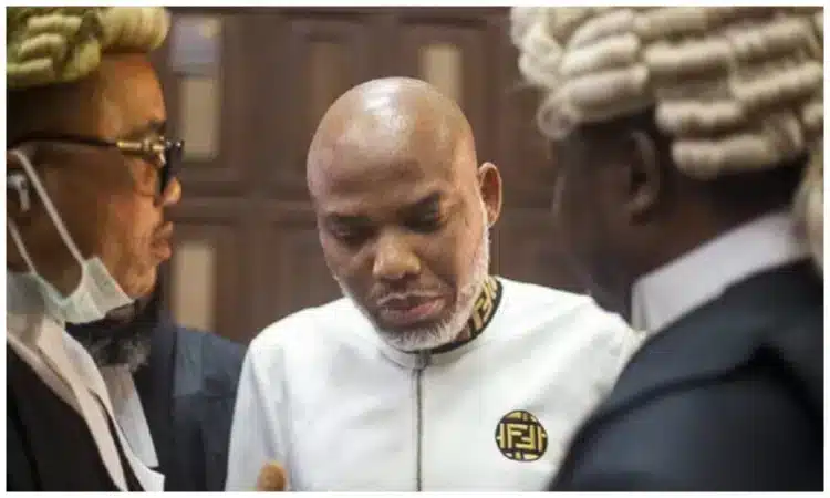 Mazi Nnamdi Kanu during a previous court appearance in Abuja. The IPOB leader has been given a final opportunity by the court to defend himself in the ongoing trial.